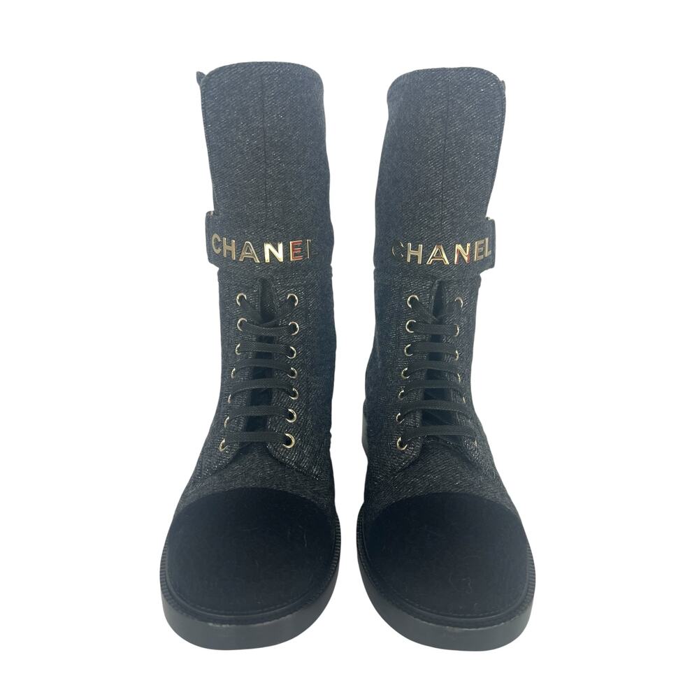 Chanel 2021 Interlocking CC Cap Toe Tweed Logo Combat Boots - Picture 6 of 16